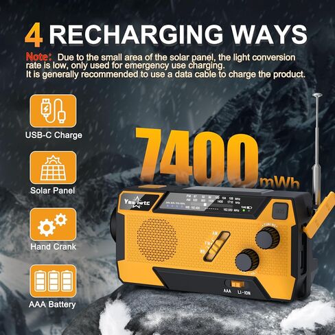 Hand Crank Emergency Radio 7400mWh (2000mAh) Solar Hand Crank Radio Built in 3 Charging Cables AM/FM/NOAA Weather Radio Battery Operated Hand Crank Charger for Emergency Supplies Survival Gear in Kuwait