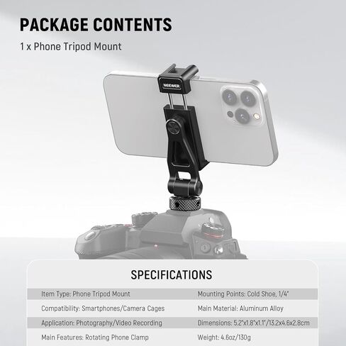NEEWER Metal Phone Tripod Mount Adapter with Cold Shoe Base, 360° Phone Holder with 2 Cold Shoe Mount for Video Light and Mic for Vlogging, Universal Compatible with iPhone Samsung Huawei, PA001 in Kuwait