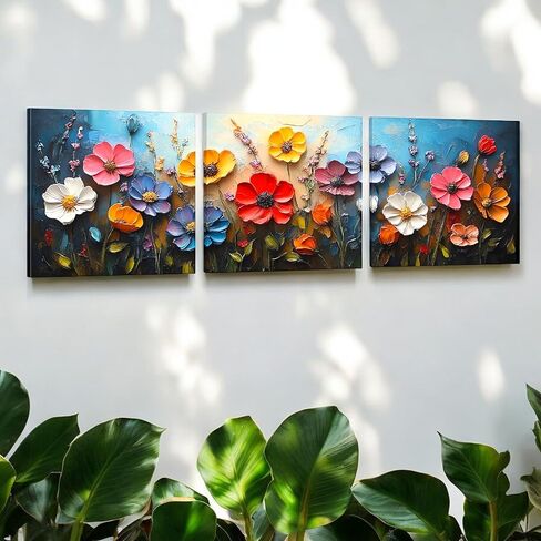 SSRTK Large Living Room Textured Wall Art Poppy Painting 3 Piece Set Canvas Flower Wall Decor for Women's Room Modern Home Oil Painting Living Artwork with Inner Frame 24X24 inches in Saudi Arabia