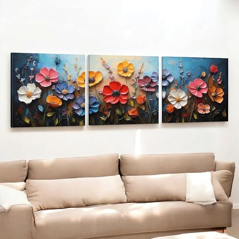 SSRTK Large Living Room Textured Wall Art Poppy Painting 3 Piece Set Canvas Flower Wall Decor for Women's Room Modern Home Oil Painting Living Artwork with Inner Frame 24X24 inches in Saudi Arabia