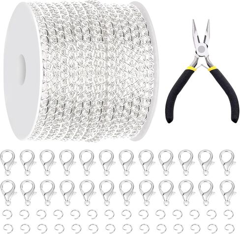 Glarks 102Pcs 30 Feet Jewelry Chains Set White Cable Link Chains Link Rolls Bulk Twisted Links Chain Necklace Jewelry Making Chains with Lobster Clasps and Jump Rings for Necklace Jewelry Making in Saudi Arabia