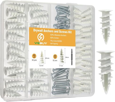 120Pcs #8 Self Drilling Drywall Anchors and Screws kit Heavy Duty,Screws and Plastic Wall Anchors for Drywall,No Drill Hole Required,Holds Up to 50lbs,for Drywall,Sheetrock,Hollow Wall in Kuwait