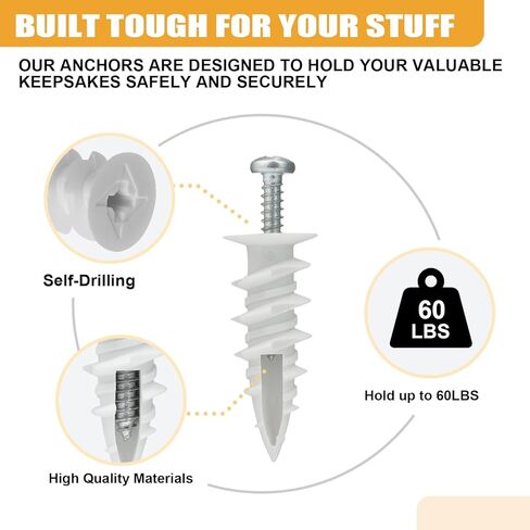 120Pcs #8 Self Drilling Drywall Anchors and Screws kit Heavy Duty,Screws and Plastic Wall Anchors for Drywall,No Drill Hole Required,Holds Up to 50lbs,for Drywall,Sheetrock,Hollow Wall in Kuwait