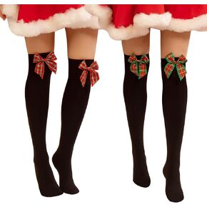 Yilanmy Christmas Thigh High Socks Striped Over Knee Thigh High Stockings Candy Cane High Stockings with Bow
