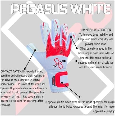 Zhero GK Goalkeeper Gloves Pegasus White, 4mm German Contact Latex Negative Cut, Soccer Goalie Youth and Adult. White and Red in Saudi Arabia