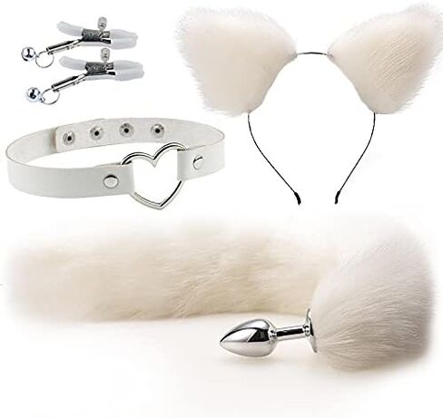 Wolf Fox Furry Tail Plug and Ears Headband Animal Costume Fancy Dress Halloween Adjustable Faux Fur Tail and Ears in Saudi Arabia