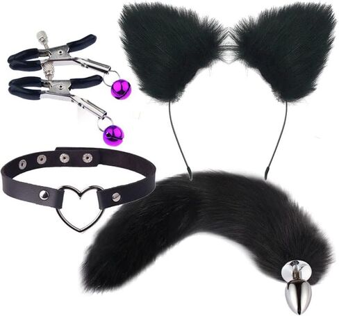 Wolf Fox Furry Tail Plug and Ears Headband Animal Costume Fancy Dress Halloween Adjustable Faux Fur Tail and Ears in Saudi Arabia