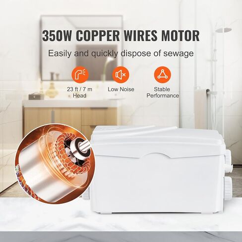مضخة ماسيراتور VEVOR 350 وات، تدفق 6000 لتر/ساعة، رأس 23 قدم/7 متر، مضخة حوض الصرف الصحي من ماسيراتور مع 3 مداخل مياه للطابق السفلي، المطبخ، المغسلة، الدش، حوض الاستحمام، آلة التخلص من مياه الصرف الصحي في الغسيل in Kuwait