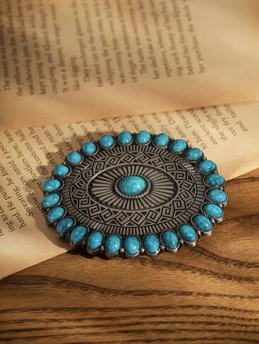 HAQUIL Vintage Silver Tone Oval With Turquoise Belt Buckle, Turquoise Bead Design Belt Buckle, Jewelry for Men Women in Saudi Arabia