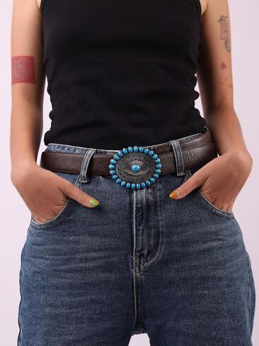HAQUIL Vintage Silver Tone Oval With Turquoise Belt Buckle, Turquoise Bead Design Belt Buckle, Jewelry for Men Women in Saudi Arabia