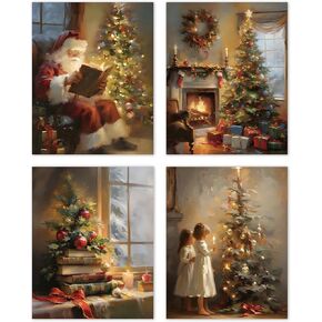 TLESKE Rustic Winter Christmas Posters Prints Unframed Set of 4, Vintage Christmas Tree Wall Art Prints Decor for Living Room Bedroom Reading Nook Corner, Santa Claus Books Wall Pictures, 8x10 Inches