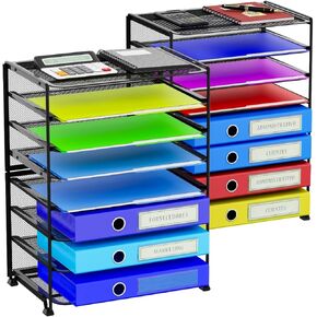 12 Tier Rolling File Cart,Wood Desk File Organizer with Sliding Trays and Wetal Mesh Paper Letter Storage Multi-Functional Rolling Clutter Cart for Office, Home, School, Black