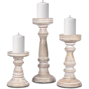 Mela Artisans Shabby White Hand Carved Wooden Pillar Candle Holders - Set of 3 | Aisha Decorative Style | Crafted from Mango Wood | Rustic Table Centerpiece Decor | Sized 6", 9" and 12"