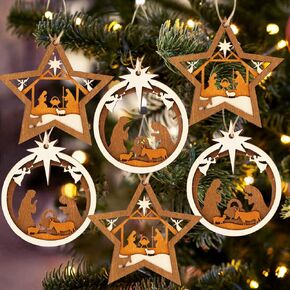 Christmas Decorations Indoor Nativity Scene Ornaments, 6 Set Wooden Christian Tree Ornaments, 3-Layer Sliver White Carved Wood The Birth of Jesus Decorations, Religious Xmas Decor for Home
