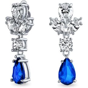 Vintage Style Simulated Gemstone Cubic Zirconia AAA CZ Statement Dangle Leaf Teardrop Formal Chandelier Clip On Earrings Wedding Prom Silver Plated