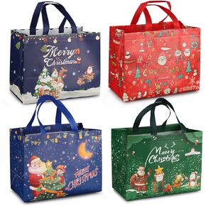 24PCS Christmas Reusable Grocery Bags ,Christmas Tote Bags with Handles, Christmas Treat Bags, Multifunctional Non-Woven Christmas Bags for Gifts Wrapping Shopping, Xmas Party Supplies , 12.8×9.8×6.7inch