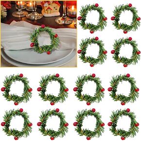 Christmas Napkin Rings Set of 12 Boho Holiday Table Decor Winter Wedding Gift, Burlap Bowknot Bell Plaid, Red & Green Rainbow Mix