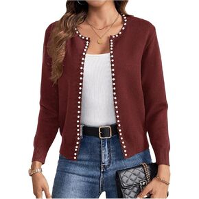 GORGLITTER Women's Pearl Beaded Open Front Cardigan Sweaters Long Sleeve Knit Cardigans