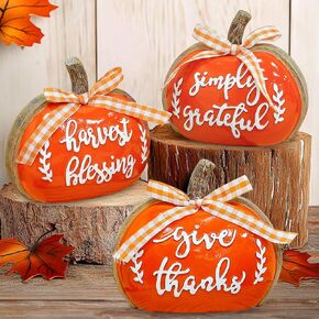 TURNMEON 3D Resin Pumpkin Decor, 3 PCS Fall Pumpkin Thanksgiving Decor - Give Thanks,Blessing,Simply Gratefully - Butterfly knots Fall Table Centerpieces Halloween Decorations Indoor Home Mantel Decor