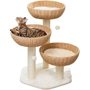54" Large Modern Wood Cat Trees, Luxury Rattan Oak Solid Wood Cat Trees Towers，3 Weaving Cat Nests & Washable Cool Cushions, Sisal Scratching Posts,Cat Condo for Indoor Cats- Wood Wax Oil Version