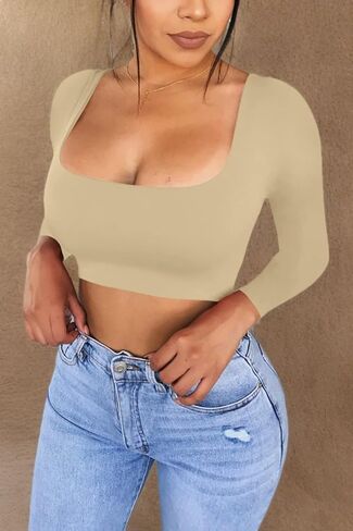 KAKALOT Women's Sexy Bodycon Basic Long Sleeve Solid Crop Top T- Shir in Saudi Arabia