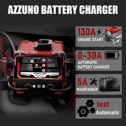 شاحن بطارية احترافي 30 أمبير من AZZUNO، شاحن سيارات 12 فولت و24 فولت، 130 أمبير تدوير، شاحن ذكي للحفاظ على البطارية، مثالي للدراجات النارية والسيارات والشاحنات والبطاريات البحرية والمزيد in Kuwait