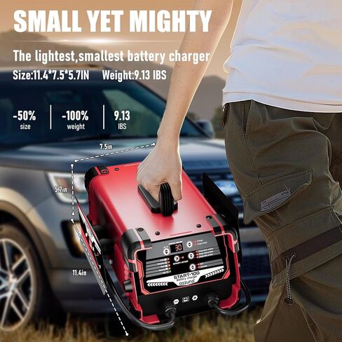 شاحن بطارية احترافي 30 أمبير من AZZUNO، شاحن سيارات 12 فولت و24 فولت، 130 أمبير تدوير، شاحن ذكي للحفاظ على البطارية، مثالي للدراجات النارية والسيارات والشاحنات والبطاريات البحرية والمزيد in Kuwait