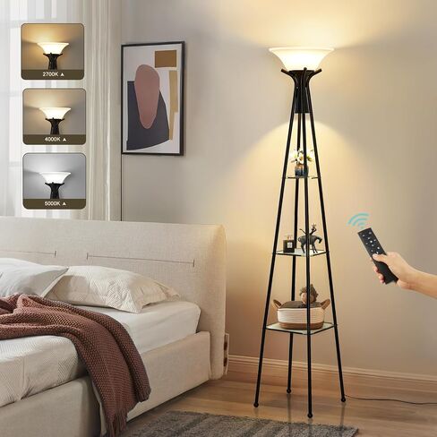 Floor Lamp with Shelves, 69" Tall Industrial Floor Lamps for Living Room, 3-Tier Glass Shelf Lamp, Black Standing Lamp with Plastic Shade, Lamps for Bedroom, Office, 3 Color Temperatures Bulb Include in Saudi Arabia