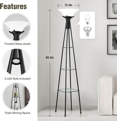 Floor Lamp with Shelves, 69" Tall Industrial Floor Lamps for Living Room, 3-Tier Glass Shelf Lamp, Black Standing Lamp with Plastic Shade, Lamps for Bedroom, Office, 3 Color Temperatures Bulb Include in Saudi Arabia