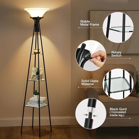Floor Lamp with Shelves, 69" Tall Industrial Floor Lamps for Living Room, 3-Tier Glass Shelf Lamp, Black Standing Lamp with Plastic Shade, Lamps for Bedroom, Office, 3 Color Temperatures Bulb Include in Saudi Arabia