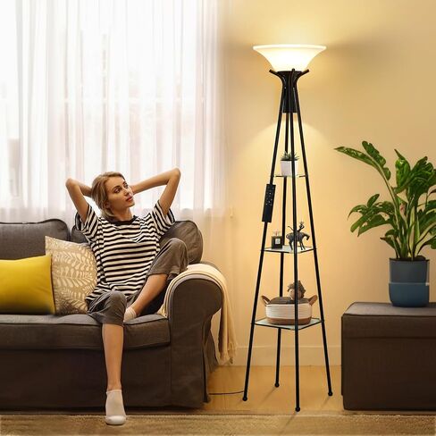 Floor Lamp with Shelves, 69" Tall Industrial Floor Lamps for Living Room, 3-Tier Glass Shelf Lamp, Black Standing Lamp with Plastic Shade, Lamps for Bedroom, Office, 3 Color Temperatures Bulb Include in Saudi Arabia