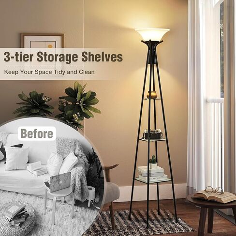 Floor Lamp with Shelves, 69" Tall Industrial Floor Lamps for Living Room, 3-Tier Glass Shelf Lamp, Black Standing Lamp with Plastic Shade, Lamps for Bedroom, Office, 3 Color Temperatures Bulb Include in Saudi Arabia