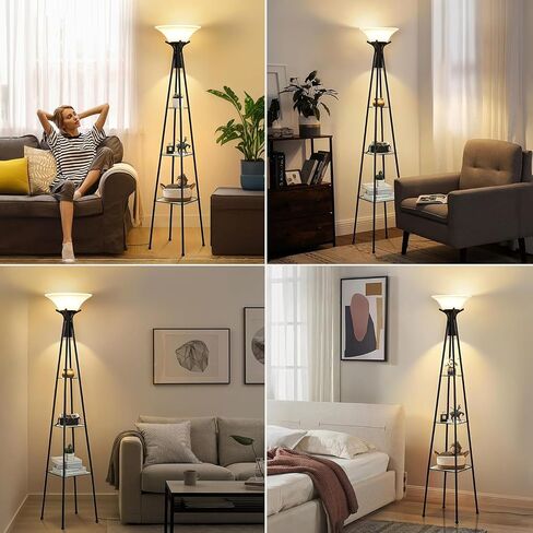 Floor Lamp with Shelves, 69" Tall Industrial Floor Lamps for Living Room, 3-Tier Glass Shelf Lamp, Black Standing Lamp with Plastic Shade, Lamps for Bedroom, Office, 3 Color Temperatures Bulb Include in Saudi Arabia