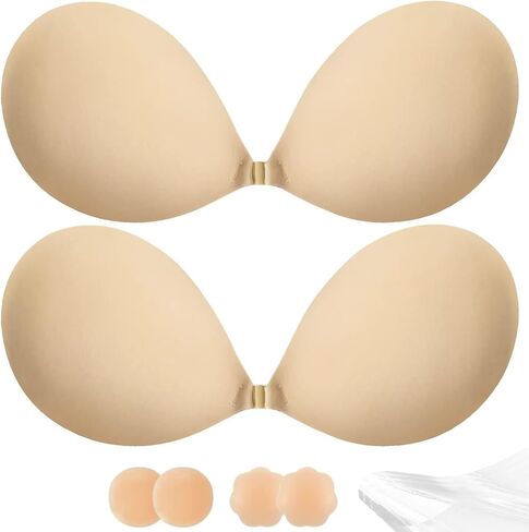 Adhesive Bra Push Up for Women 2 Pair, Sticky Invisible Lifting Bra, Backless Strapless Bras for Wedding Dress with Nipple Covers Reusable (Black+Nude/E) 02 in Saudi Arabia