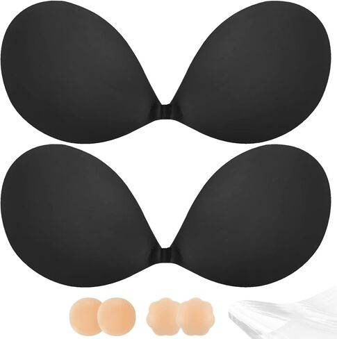 Adhesive Bra Push Up for Women 2 Pair, Sticky Invisible Lifting Bra, Backless Strapless Bras for Wedding Dress with Nipple Covers Reusable (Black+Nude/E) 02 in Saudi Arabia