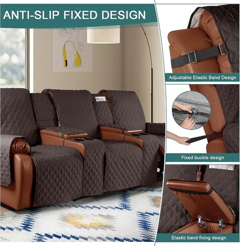 Ruaozz Waterproof Recliner Loveseat Cover with Console Non-Slip Couch Covers for Reclining Couches Pet Cover for Double Recliner Sofa Cover with Elastic Straps for Kid Dogs Pets (Dark Brown, 2 Seater) in Kuwait