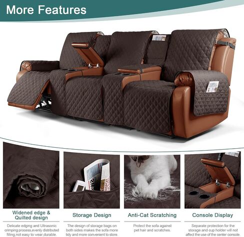 Ruaozz Waterproof Recliner Loveseat Cover with Console Non-Slip Couch Covers for Reclining Couches Pet Cover for Double Recliner Sofa Cover with Elastic Straps for Kid Dogs Pets (Dark Brown, 2 Seater) in Kuwait