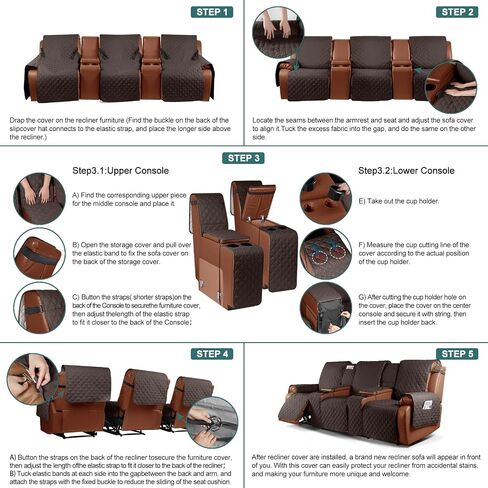 Ruaozz Waterproof Recliner Loveseat Cover with Console Non-Slip Couch Covers for Reclining Couches Pet Cover for Double Recliner Sofa Cover with Elastic Straps for Kid Dogs Pets (Dark Brown, 2 Seater) in Kuwait
