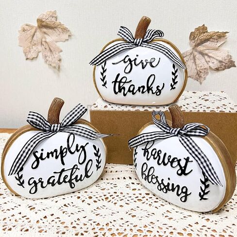 TURNMEON 3D Resin Pumpkin Decor, 3 PCS Fall Pumpkin Thanksgiving Decor - Give Thanks,Blessing,Simply Gratefully - Butterfly knots Fall Table Centerpieces Halloween Decorations Indoor Home Mantel Decor in Saudi Arabia