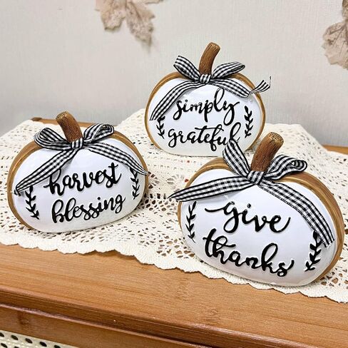 TURNMEON 3D Resin Pumpkin Decor, 3 PCS Fall Pumpkin Thanksgiving Decor - Give Thanks,Blessing,Simply Gratefully - Butterfly knots Fall Table Centerpieces Halloween Decorations Indoor Home Mantel Decor in Saudi Arabia