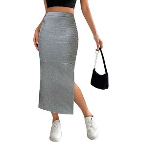 SOFIA'S CHOICE Women's High Waisted Side Slit Skirt Ribbed Knit Bodycon Midi Skirts