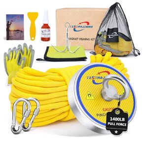 Single Side Magnet Fishing Kit,1400Lb Super Strong Fishing Magnets kit with 66 Ft Rope,Large Neodymium Magnetic Fishing with Full Accessories for Treasure&Underwater Cleaning-3.93"