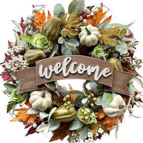 18 Inch Fall Eucalyptus Pumpkin Wreath for Front Door, Green White Pumpkin Welcome Sign Wreath for Indoor and Outdoor, Eucalyptus Leaves Wreath for Home Decor