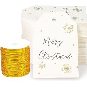 100 PCS Christmas Gift Tags Gold Foil Paper Holiday Hang Name Tags Label with 164 Feet Metallic Cords for DIY Xmas Present Happy New Year Party Decoration