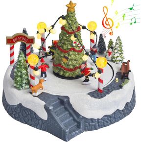 Christmas Village Ice Skating Pond Animated Decorations, Lighted Musical Winter Snow Village House Rink Building Figurine with Skaters Santa Sleigh and Reindeer, LED Light Up Holiday Indoor Town Decor
