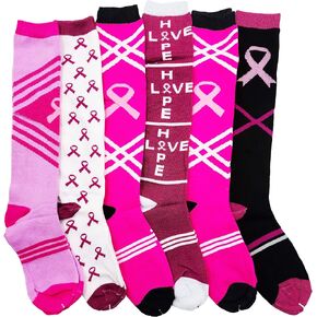 6 Pairs Womens Breast Cancer Awareness Socks, Pink Ribbon Soft Sport Sock Bulk Pack