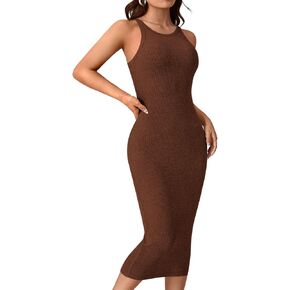 Verdusa Women's Basic Ribbed Knit Sleeveless Midi Tank Dress Crewneck Knit Bodycon Dress