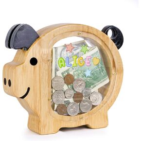 Wooden Piggy Bank for Kids, Cool Car Coin Bank, Custom Clear Large Bills Money Saving Box for Boys, Personalized Coin Bank for Children Birthday, Christmas, New Year Present