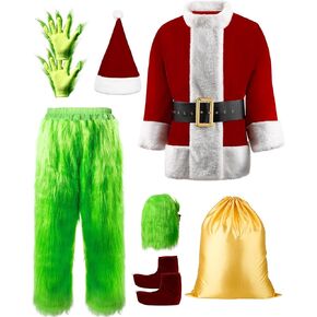 PSISABALL Green Monster Santa Claus Costume for Men,Santa Suit Adult with Mask,Santa Costume Adults Men