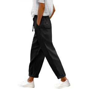 YESNO Women's Casual Straight Leg Pants Fall Drawstring Elastic High Waist Woolen Tapered Trousers with Pockets PWT